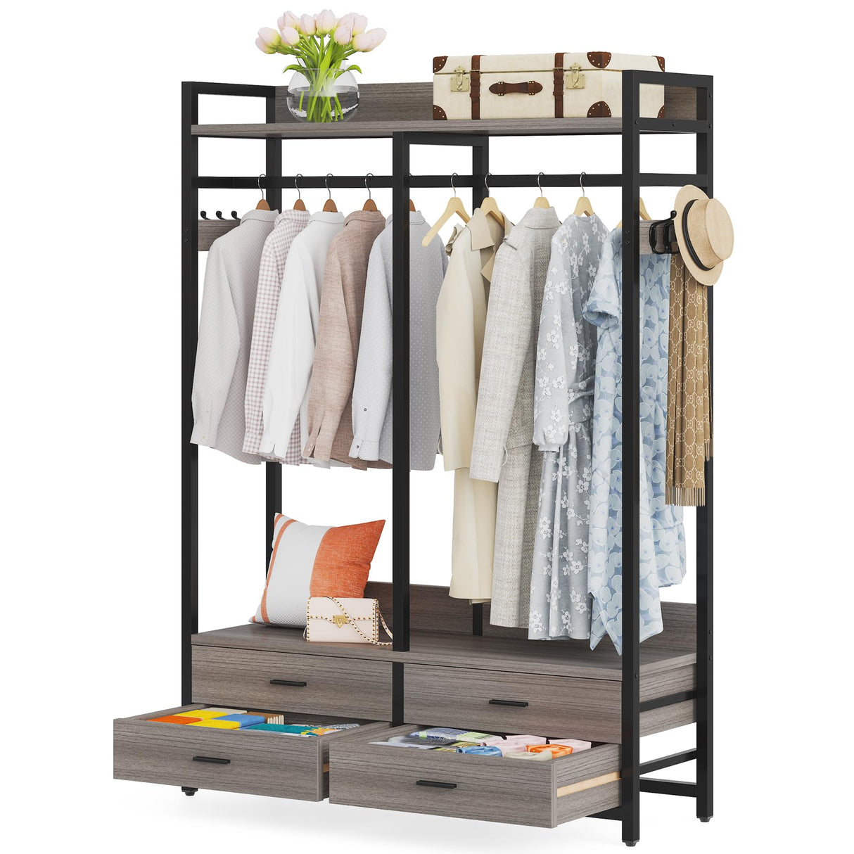 Tribesigns Freestanding Closet Organizer for Hanging Clothes, Heavy Duty Garment Rack with 4 Drawers, 8 Hooks and Storage Shelves, Wardrobe Closet Clothing Rack for Bedroom, Living Room, Grey Tribesigns