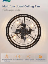 LEDIARY 16.5 inch Black Caged Ceiling Fan with Light, Fandelier Industrial Ceiling Fan with Remote, Farmhouse Fan Lights Ceiling Fixtures for Kitchen, Bedroom, Outdoor（6 Speed, Timing）-Black LEDIARY
