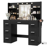 Furmax Vanity Desk with Mirror, LED Lights and Power Outlet Makeup Vanity Table with 7 Drawers and 6 Storage Shelves Dressing Table for Bedroom Dressing Room (Black) Furmax