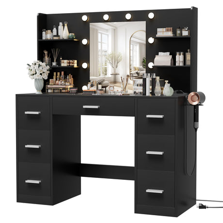 Furmax Vanity Desk with Mirror, LED Lights and Power Outlet Makeup Vanity Table with 7 Drawers and 6 Storage Shelves Dressing Table for Bedroom Dressing Room (Black) Furmax