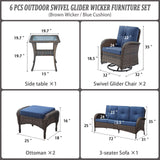 Belord 6 Piece Patio Conversation Sets - Wicker Patio Furniture Sets with Outdoor Swivel Rocker Chairs Outdoor Couch Perfect for Patio Deck Backyard, Brown Wicker Blue Cushion Belord