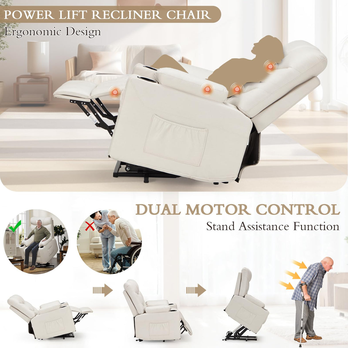 Esright Power Lift Recliner for Elderly, Electric Lift Chair with Heated Vibration Massage,Heavy Duty Electric Recliner with Side Pockets, USB Charge Port & Cup Holders, Cream Beige Esright