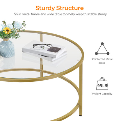 Yaheetech Gold Glass Coffee Table for Living Room, 36" Round Glass Coffee Table with Metal Frame, Circle Coffee Table for Home, Office, Apartment - WoodArtSupply