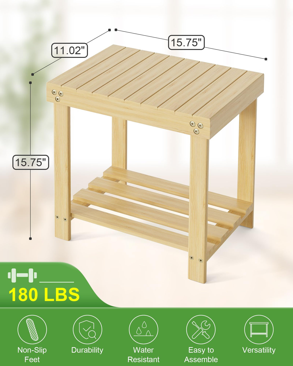 Bamneat Small Bamboo Bathroom Shower Bench with Storage Shelf, Durable Shower Stool for Shaving Legs, Indoor and Outdoor Use, Natural Bamneat