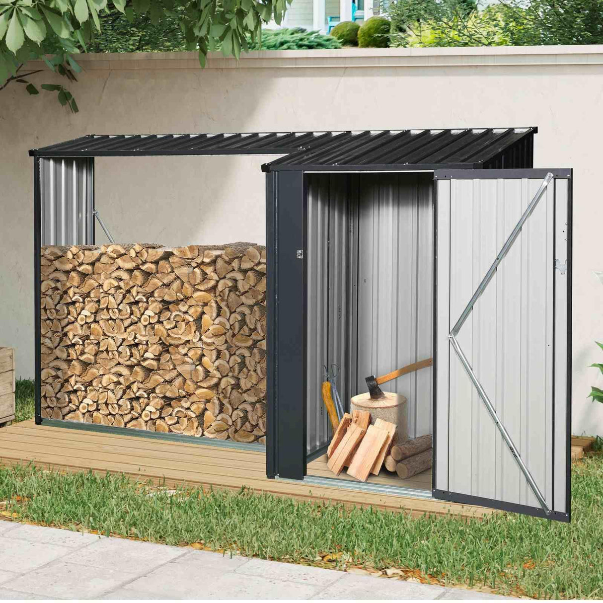 FRITHJILL Outdoor Steel Firewood Rack with Storage Shed, Waterproof Metal Log Holder & Garden Tool Storage, Perfect for Backyard, Wood Stove Supply, Two-In-One Design with Sloping Roof FRITHJILL