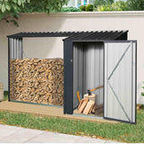 FRITHJILL Outdoor Steel Firewood Rack with Storage Shed, Waterproof Metal Log Holder & Garden Tool Storage, Perfect for Backyard, Wood Stove Supply, Two-In-One Design with Sloping Roof FRITHJILL