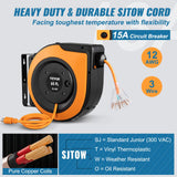 VEVOR Retractable Extension Cord Reel, 65 FT Heavy Duty 12AWG/3C SJTOW Power Cord, with Lighted Triple Tap Outlet, 15 Amp Circuit Breaker, 180° Swivel Bracket for Ceiling or Wall Mount VEVOR