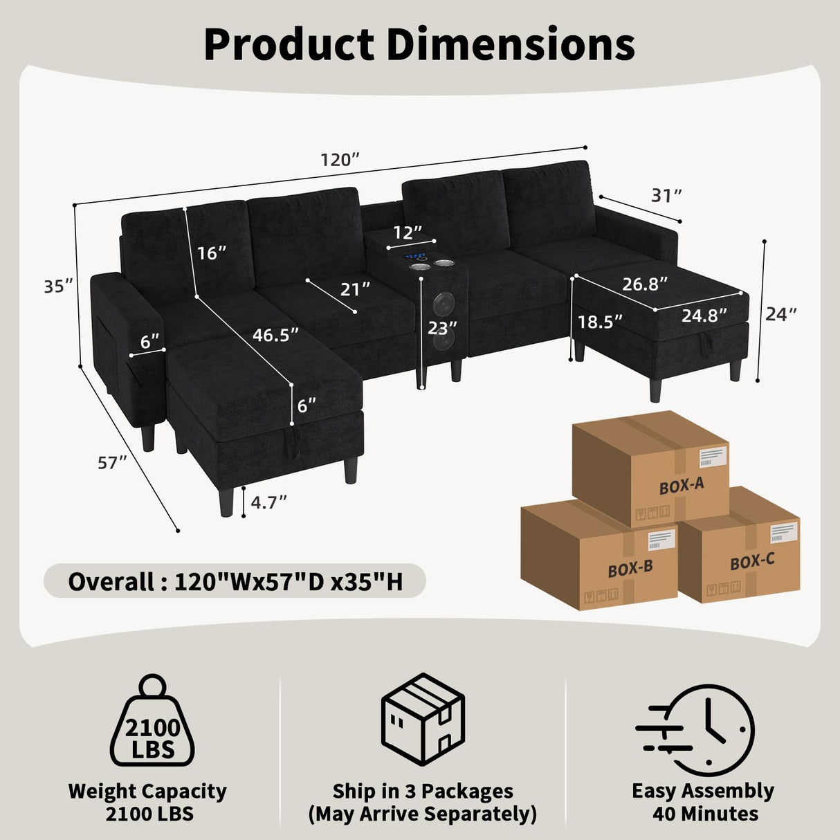 ZSDT Sectional Couches for Living Room, 6 Seat Sectional Sofa Smart Module-Bluetooth Speaker/RGB Light/Charging Station, Chenille U Shaped Couch with 2 Movable Storage Ottomans (Black) ZSDT