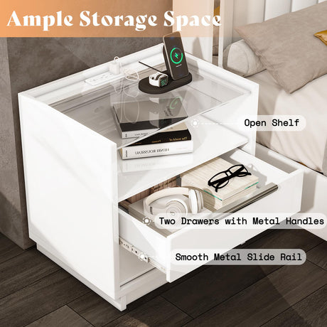AMERLIFE 4 Piece Bedroom Furniture Set, 2 Nightstands with Charging Station, 8 Drawer Dresser with LED Light & 5 Drawer Chest, Modern High Gloss UV Finish, Bedroom Storage Organizer, White AMERLIFE