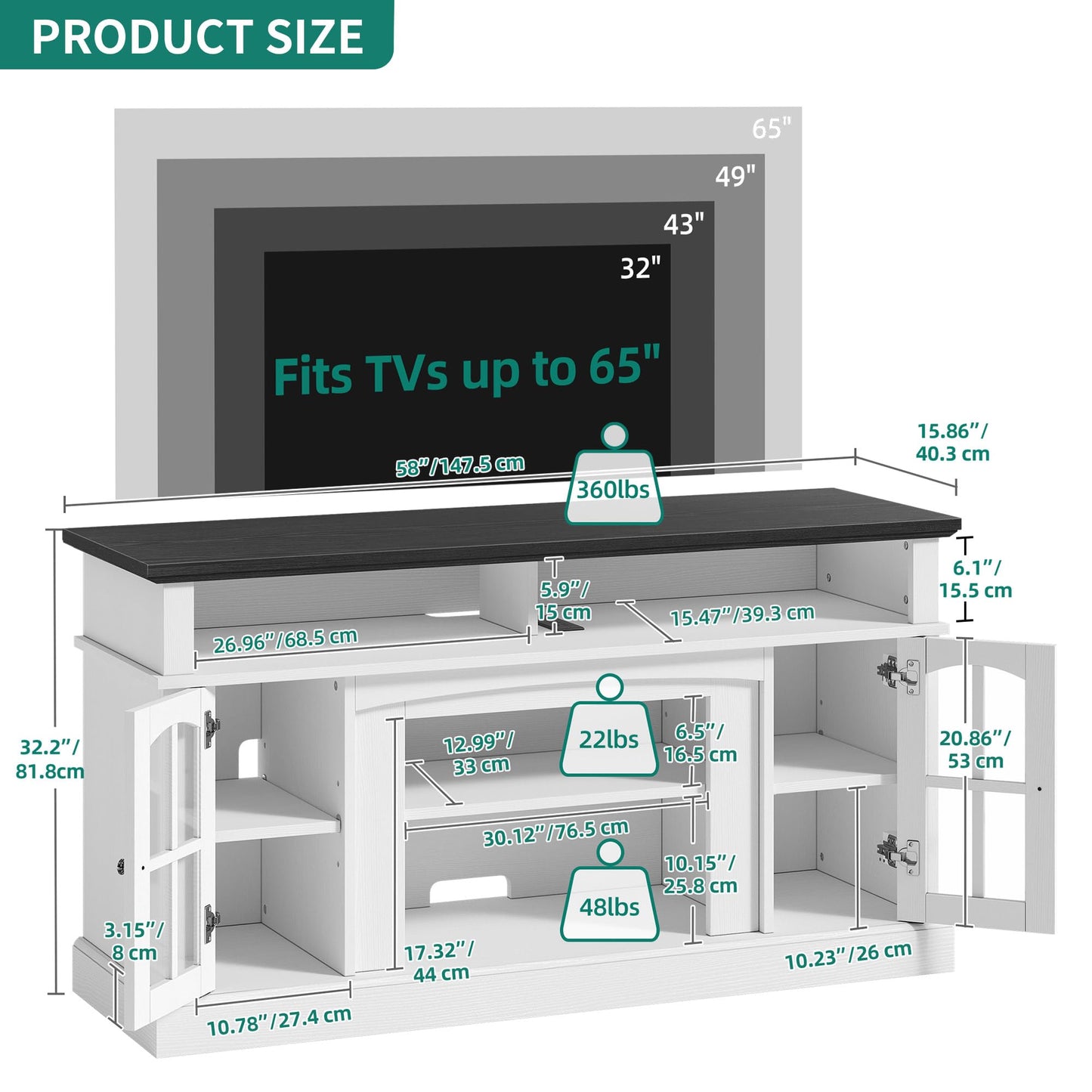 YITAHOME LED Farmhouse TV Stand for TV up to 65 Inch w/Outlets, Highboy Media Entertainment Center Console Table Adjustable Storage Shelves &Cabinet Glass Door for 400lbs for Living Room, White