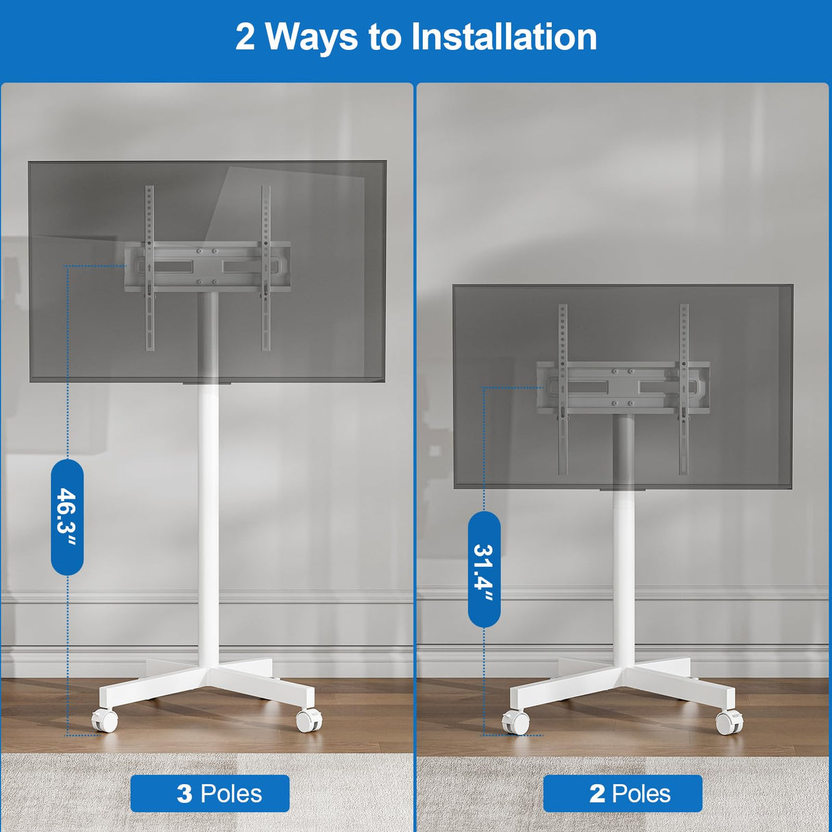 HOLMAXD Mobile TV Cart Rolling TV Stand for 23-65 Inch Screen Outdoor TV up to 110 lbs, Height Adjustable Portable TV Cart with Wheels and Tilt Mount, Outdoor TV Stand Mount, Max VESA 400x400mm, White HOLMAXD