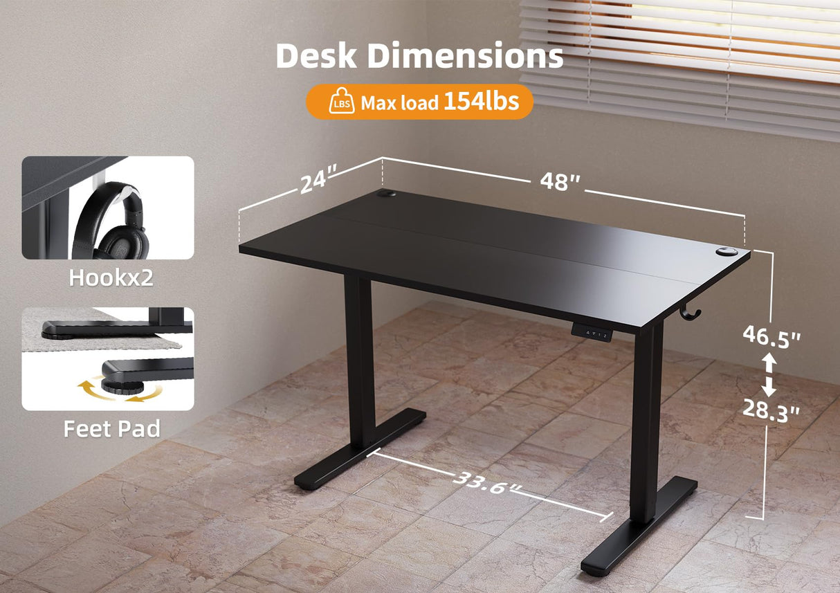 Seang Standing Desk with Adjustable Height, 48x24 Inch Electric Stand Up Desk for Home Office, Studio, Computer Workstation, Black Top Seang