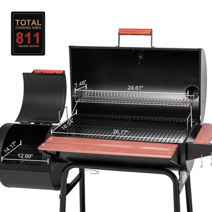 Royal Gourmet CC1830W 30-Inch Charcoal Grill with Offset Smoker and Wood-Painted Side Table, Outdoor Smoker Grill with 811 Sq. In. Cooking Area for Outdoor Barbecue Event, Black