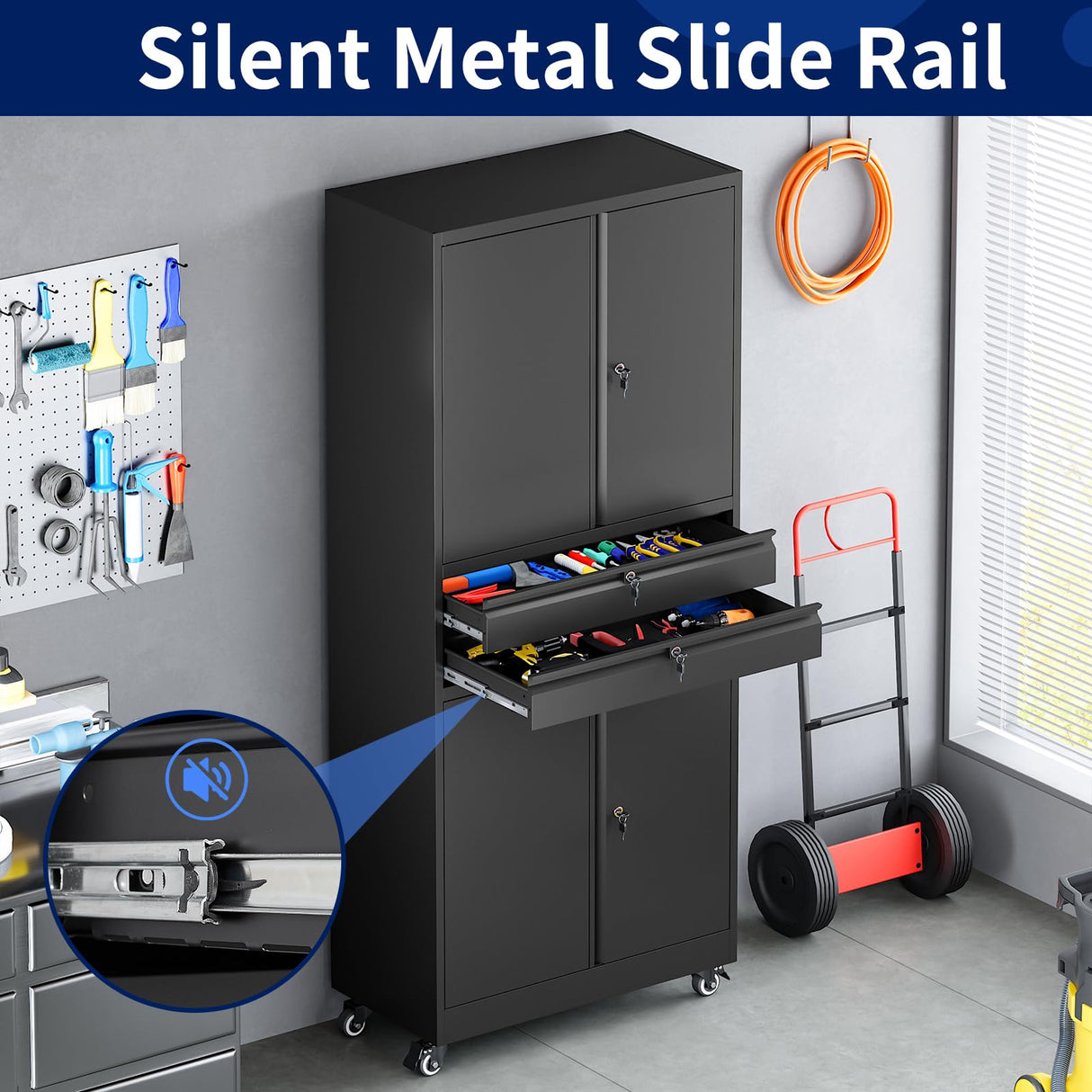 Yizosh Metal Garage Storage Cabinet with Locking Doors and Adjustable Shelves, Rolling Tool Storage Cabinet with 4 Wheels and 2 Drawer - 74" Steel Locking Cabinet for Garage, Warehouse Yizosh