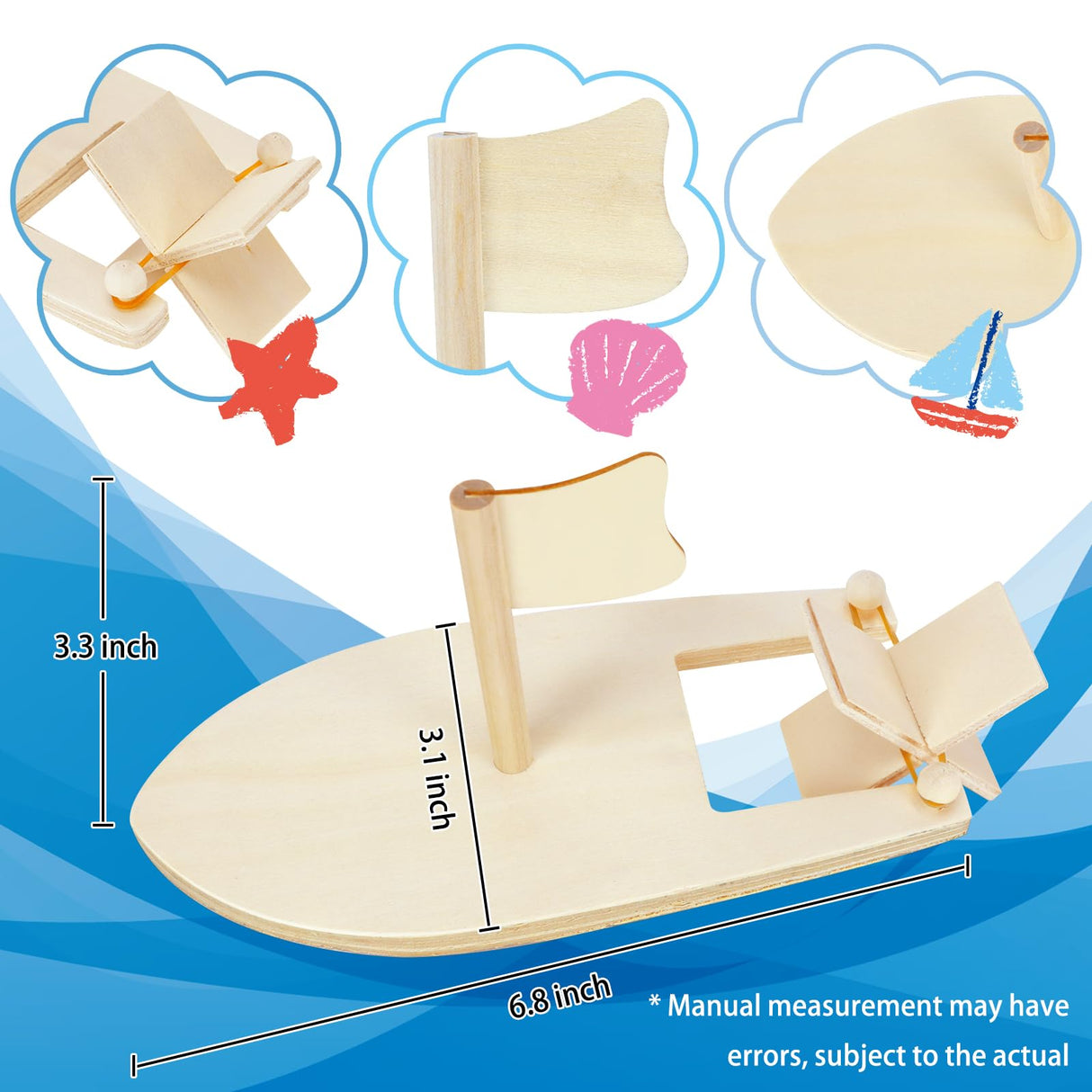 Amersumer 10 Pcs DIY Toy Wood Boat Craft Kits, Mini Wooden Sailboat Kits, Paddle Boats Paint and Decorate for School Projects, Make Your Own Sailboat Craft Amersumer
