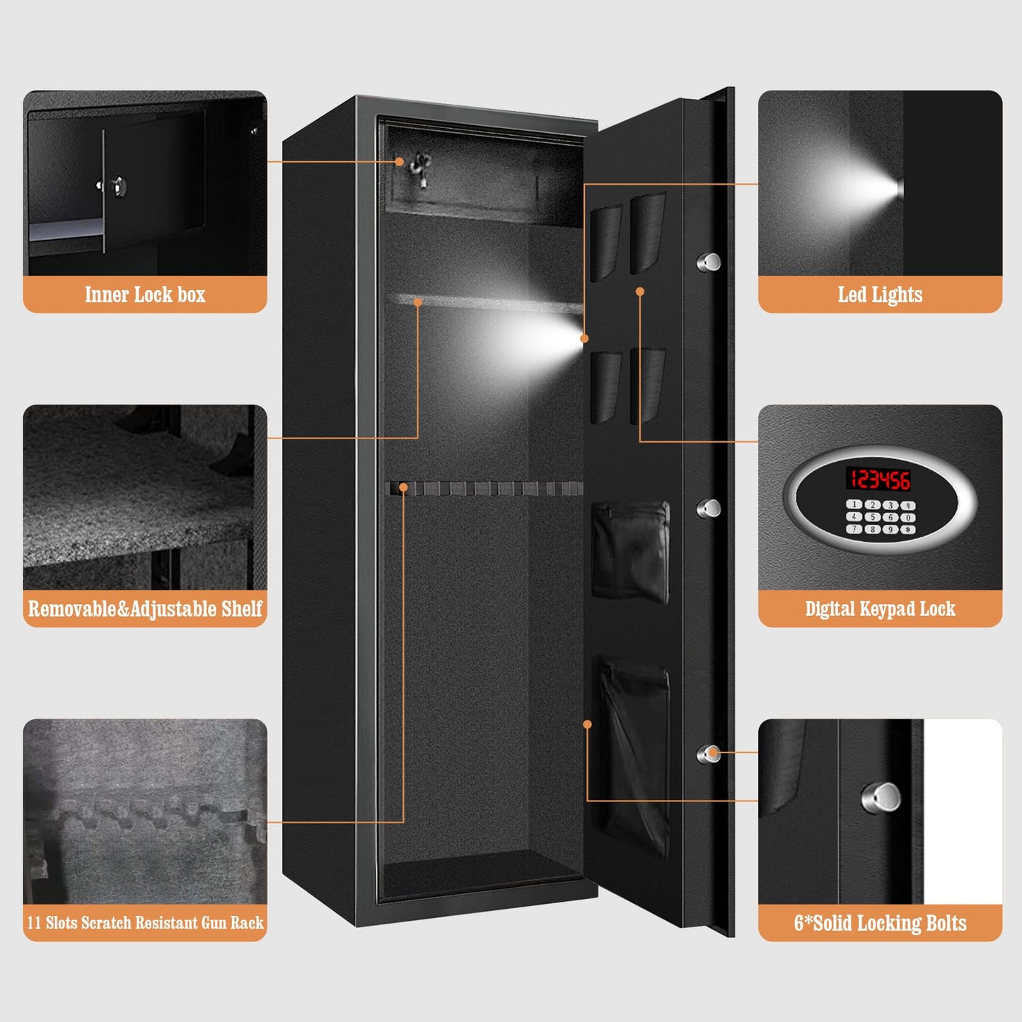 TOLEBLID 7-8 Extra Large Gun Safes for Home Rifle and Pistols, Heavy Duty Anti-Theft Gun Safes for Rifles and Shotguns, Home Rifle Safe with Removable Gun Rack, LED Light and Pistol Pockets