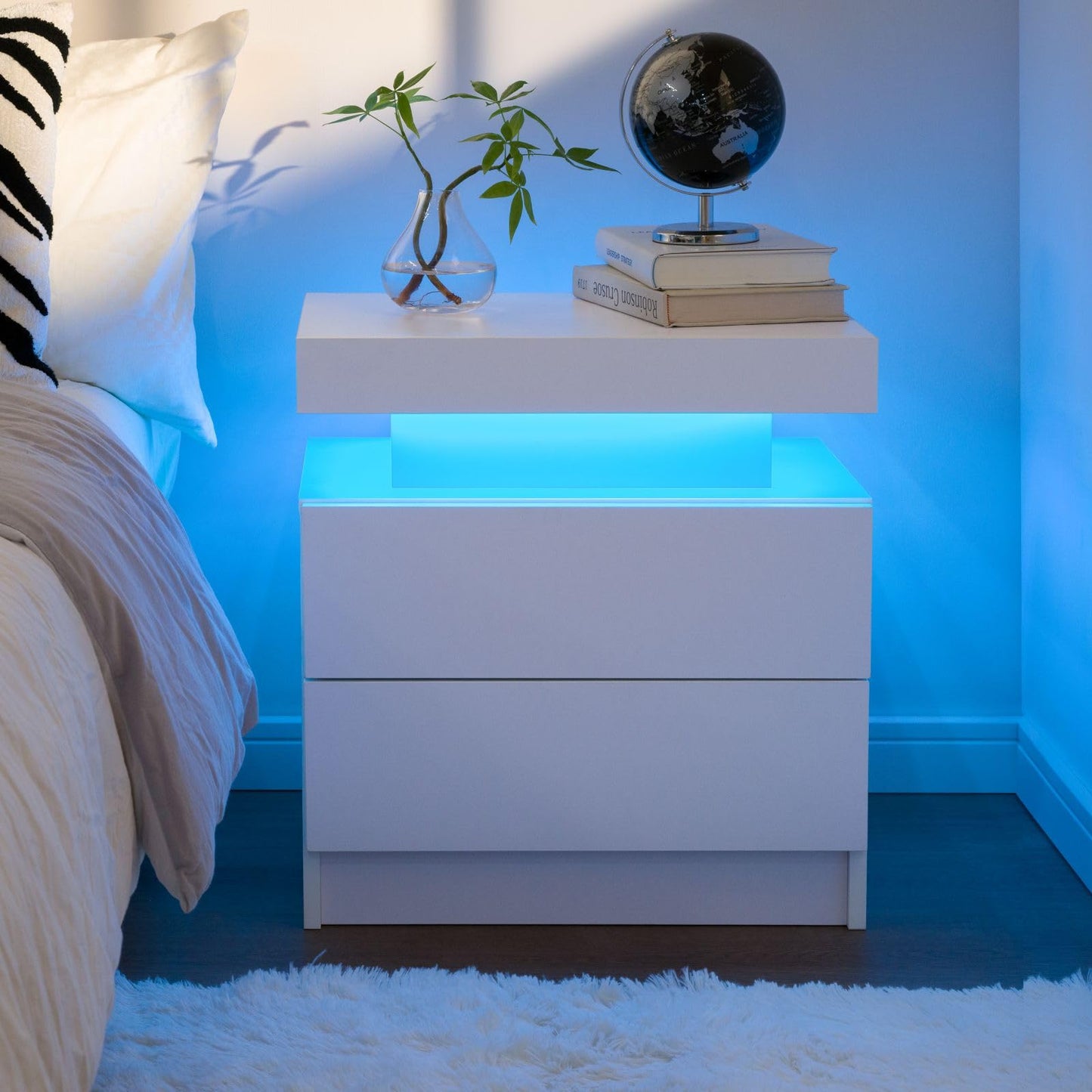 Cubehom White Nightstand LED Bedside Table for Bedroom Modern Night Stand with 2 Wood Drawers End Side Table for Bedroom