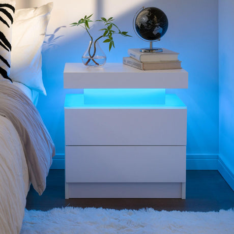 Cubehom White Nightstand LED Bedside Table for Bedroom Modern Night Stand with 2 Wood Drawers End Side Table for Bedroom Generic