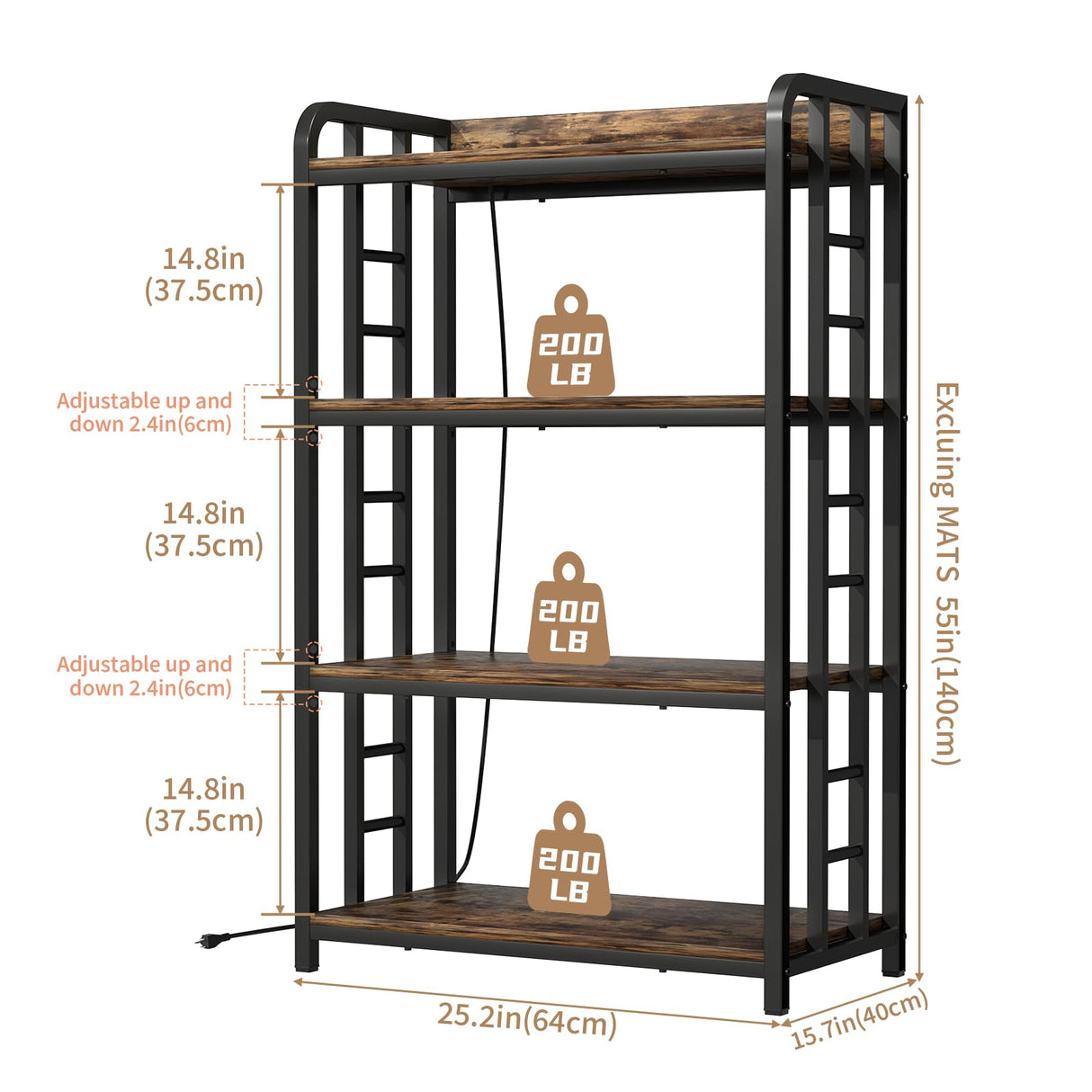 TIFFLOI 4-Tier Rustic Brown Bakers Rack, Black Frame, Top Power Outlet, 70lbs/Shelf, 2 Adjustable Shelves, Small Kitchen & Coffee Bar TIFFLOI