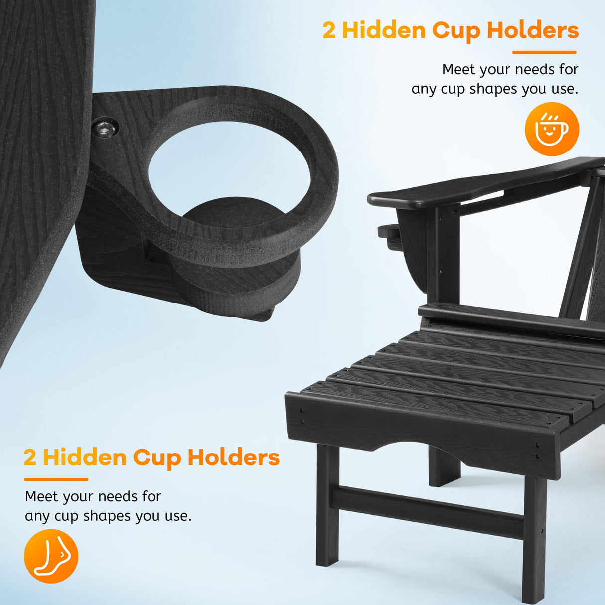 Rengue Folding Adirondack Chair with Retractable Ottoman, Patio Chair with Cup Holder, Wood Texture Fire Pit Chair, Heavy Duty HDPE Weather Resistant for Outdoor Lawn Porch Garden Backyard Deck Rengue