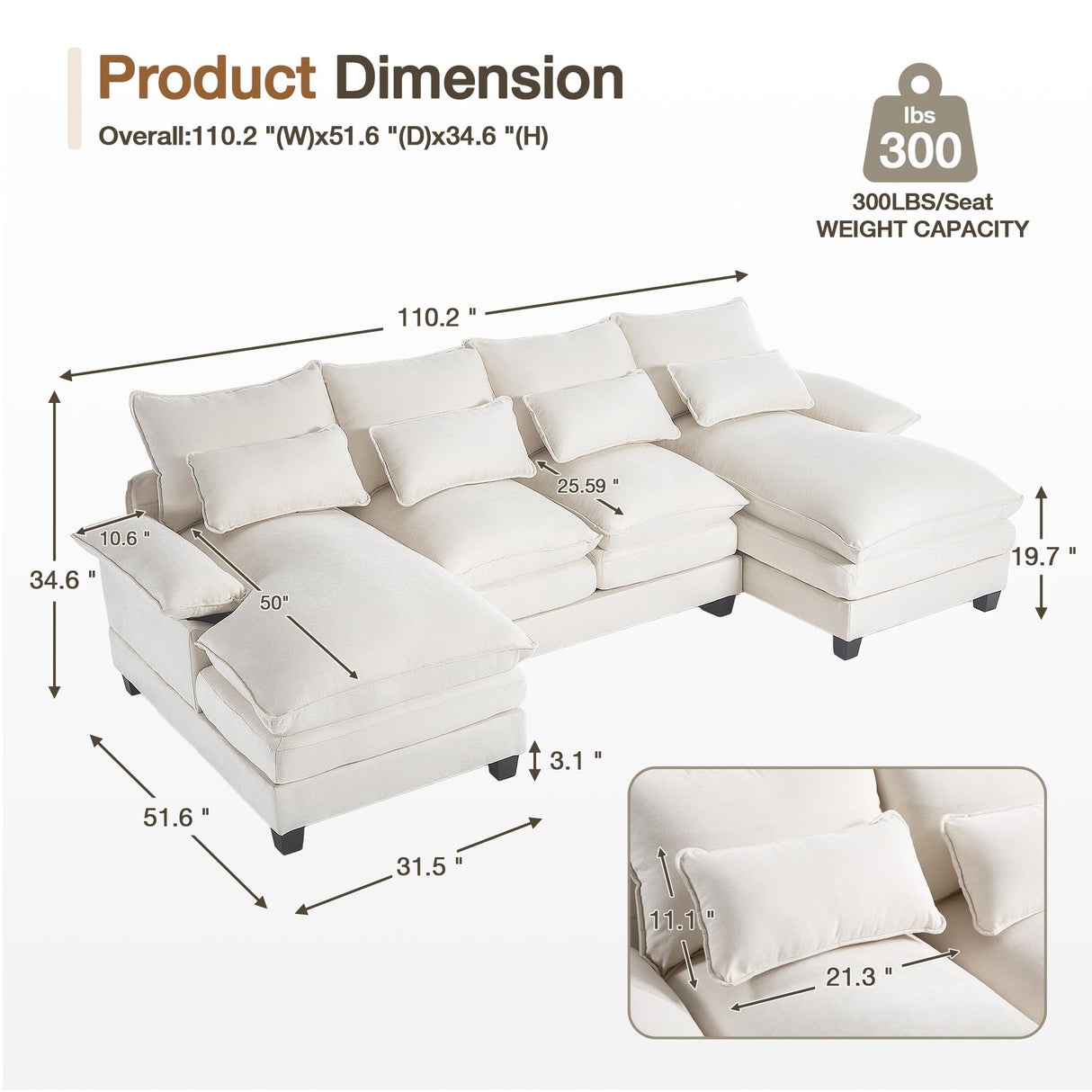 UPHYB 110.2" U Shaped Cloud Couch, Comfy Sectional Sofa Couches for Living Room, Modern Chenille 4 Seat Upholstery Couch with Double Chaise and Double Layer Cushions UPHYB