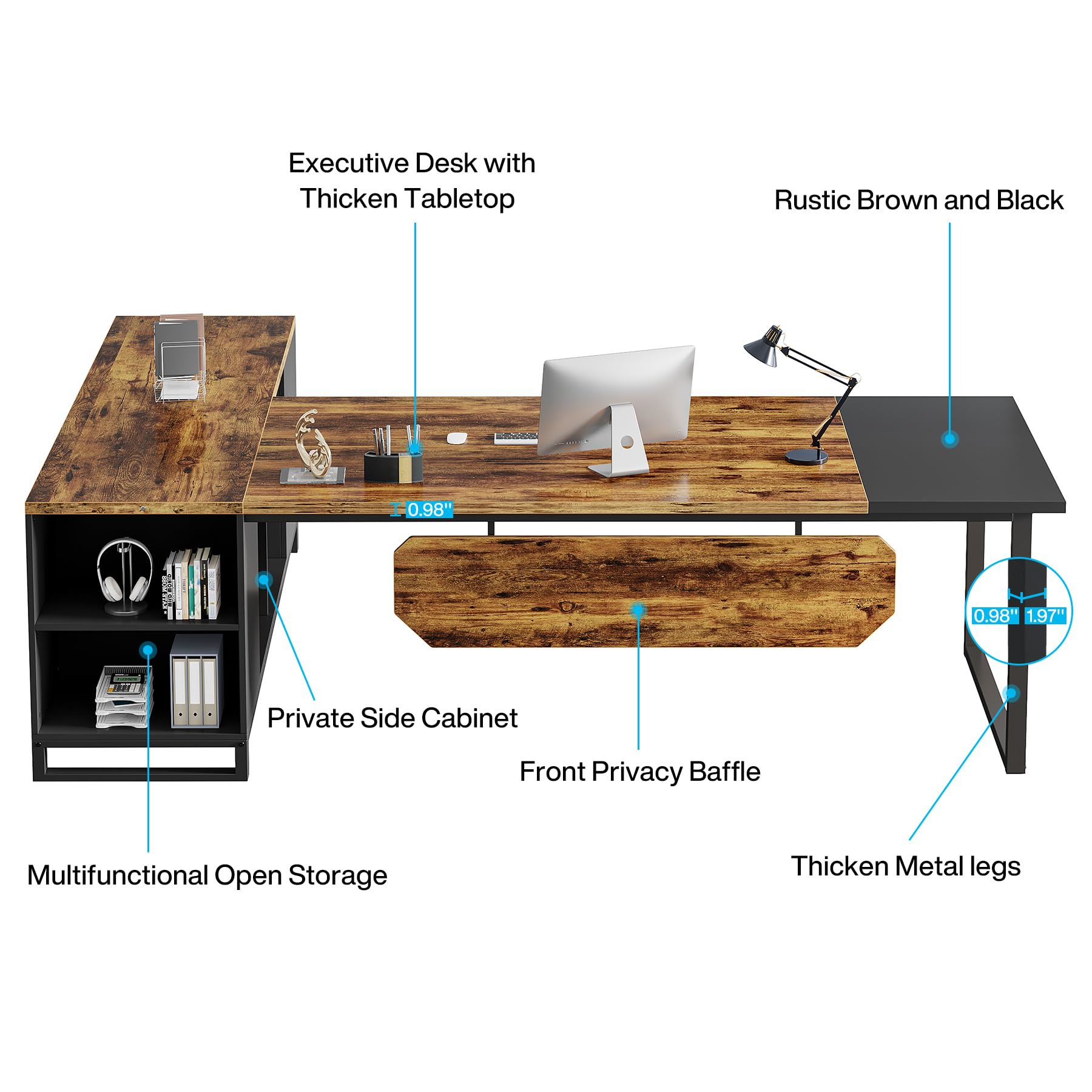 Tribesigns 70.8" Executive Desk with 55" File Cabinet, Industrial L Shaped Computer Desk with Storage Shelves and Cabinet, Large L Shaped Executive Desk for Home Office, Rustic Brown & Black - WoodArtSupply