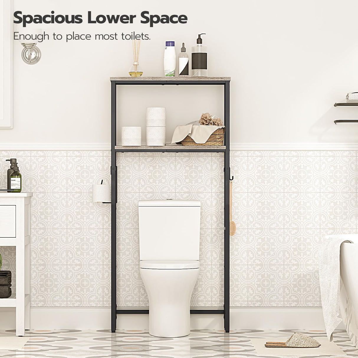 HOOBRO Over-The-Toilet Storage, 2-Tier Bathroom Organizer Over Toilet, Bathroom Shelves with Toilet Paper Holder and Hooks, Freestanding Storage Shelf, Space Saver, Greige and Black BG49TS01 HOOBRO