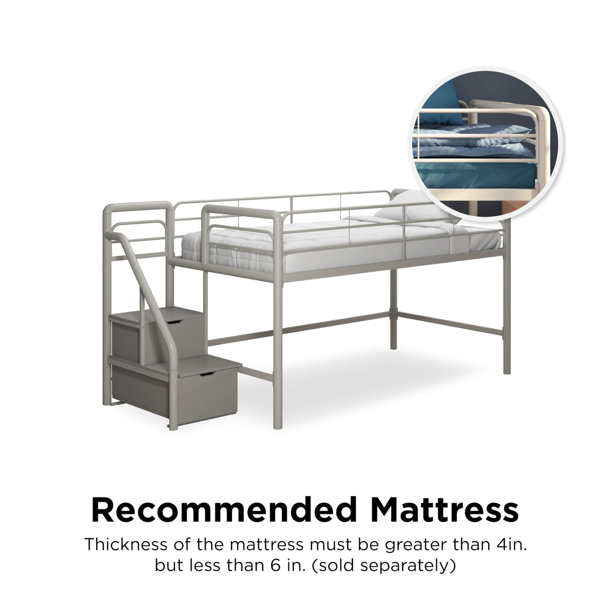 DHP Junior Twin Metal Loft Bed with Storage Steps, Multifunctional Space-Saving Solution - Silver with Gray Steps DHP