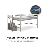 DHP Junior Twin Metal Loft Bed with Storage Steps, Multifunctional Space-Saving Solution - Silver with Gray Steps DHP