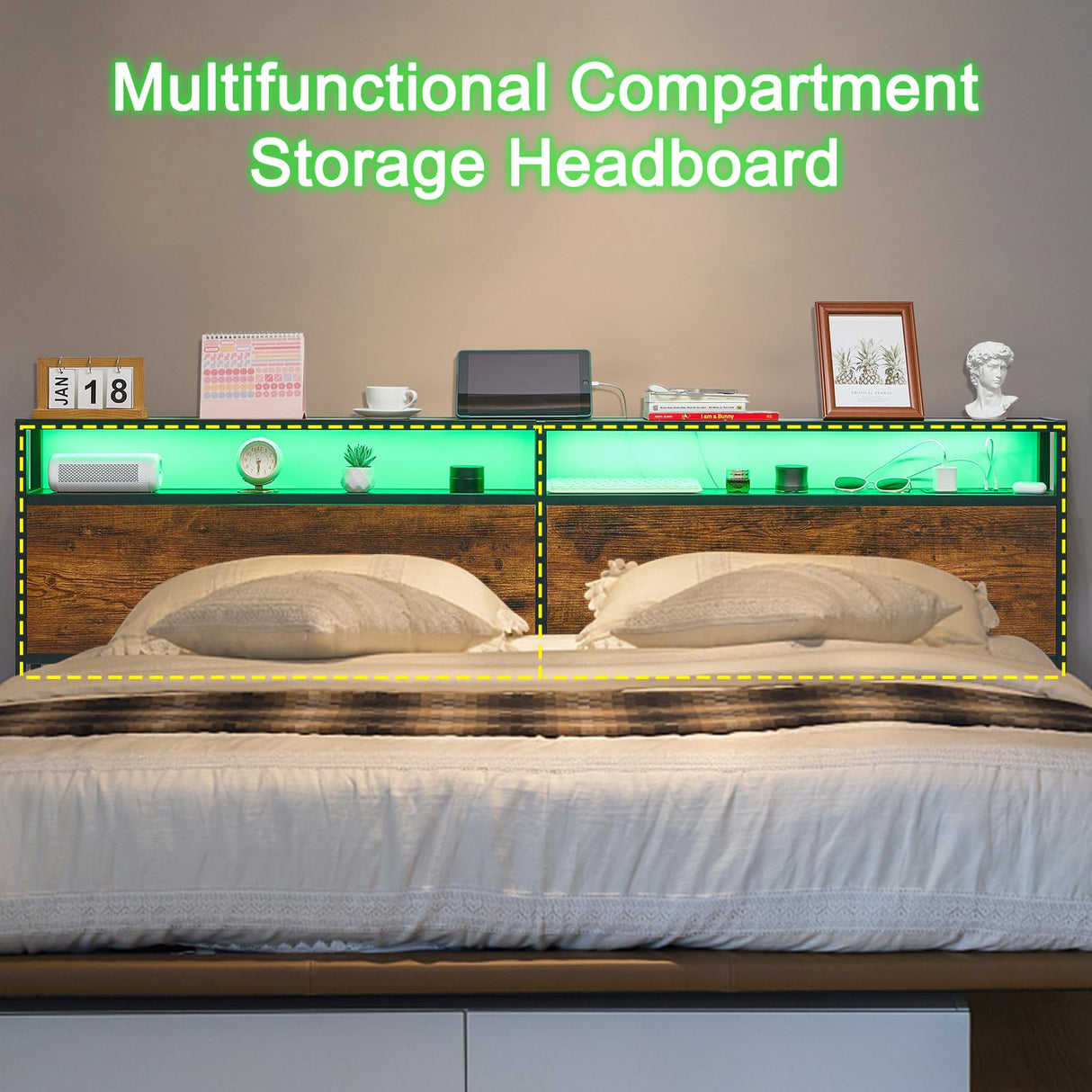 TROOPVILLE LED King Size Headboard with Storage and USB Charging TROOPVILLE