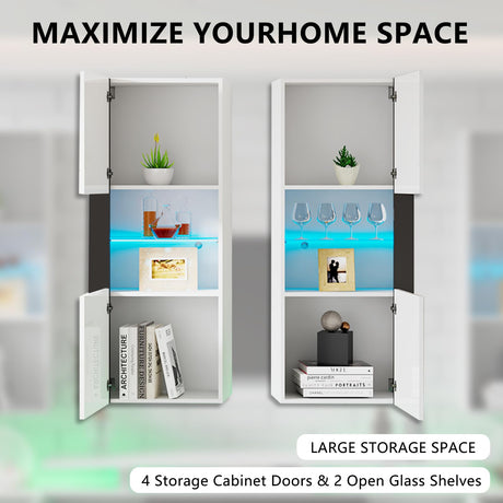 AMERLIFE Wall Storage Cabinets with LED Lights, Modern High Gloss Hanging Cabinets with 4 Closed Doors & Open Glass Shelves, for Living Room/Bedroom/Office, White(Set of 2) AMERLIFE