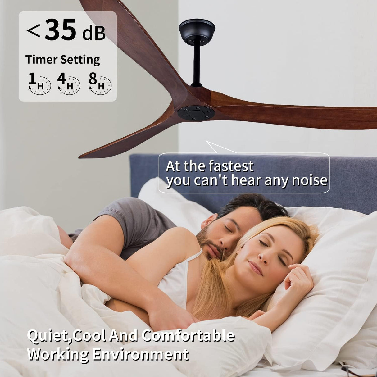 Bigzone 70" Ceiling Fan Without Light, 3 Solid Wood Blades, Remote Control, Reversible Wooden Ceiling Fan Bigzone