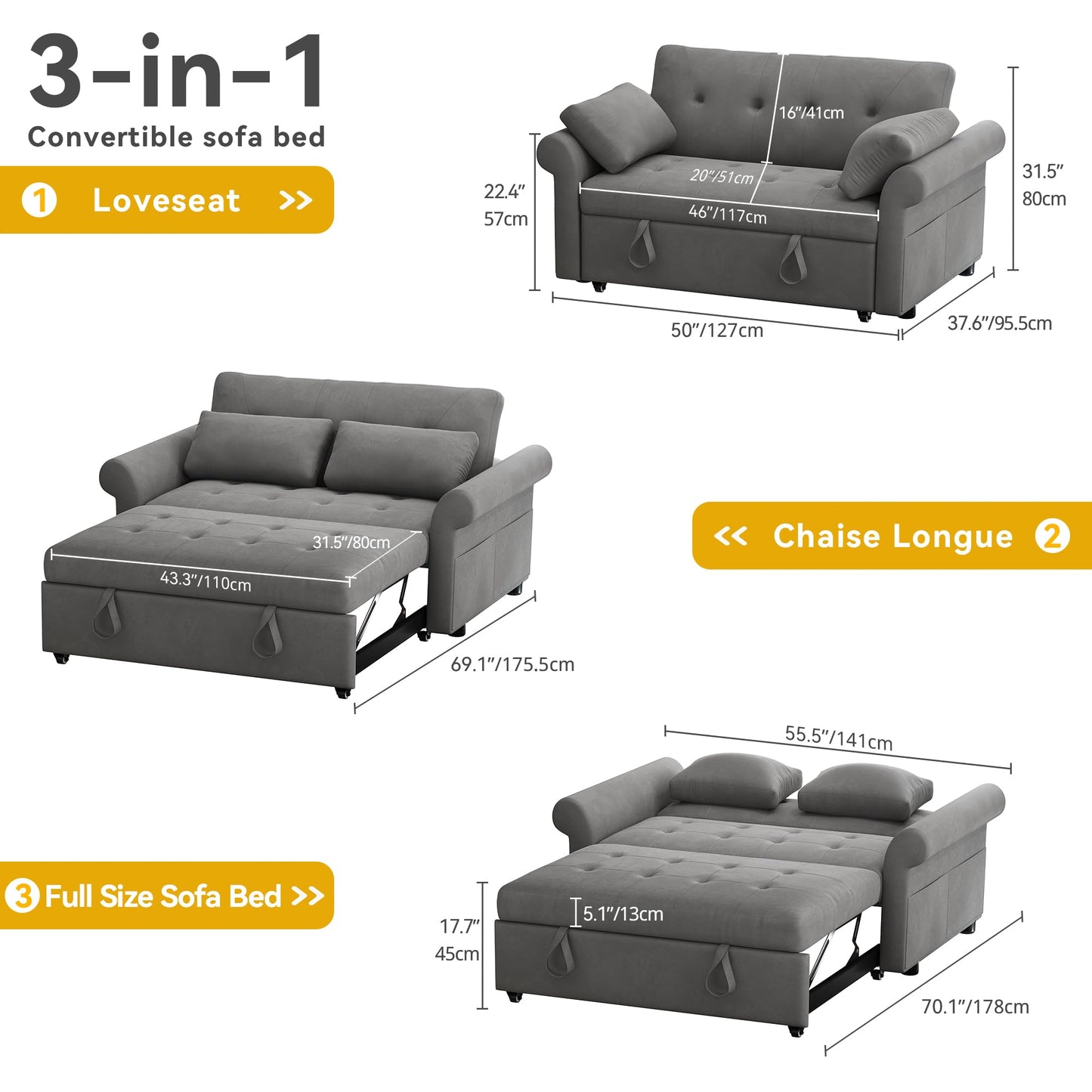 DWVO 3-in-1 Convertible Sofa Bed, 55'' Loveseat Sleeper Sofa Bed with Adjustable Backrest with 2 Pillows and Storage Bag, Modern Space Lounge Furniture for Living Room, Grey - WoodArtSupply