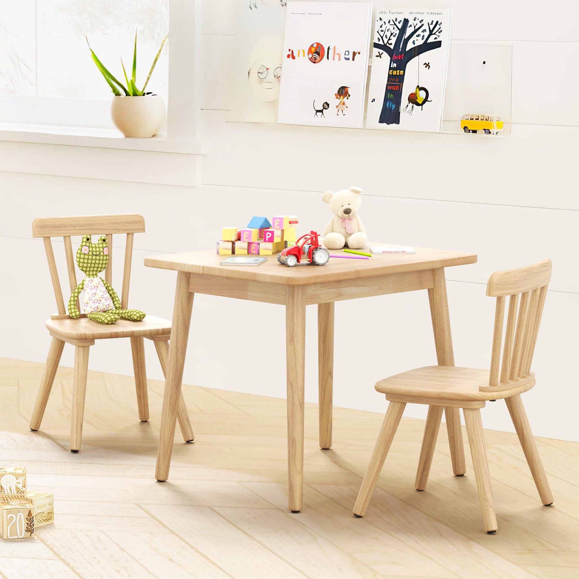 Curipeer Windsor Kids Table and 2 Chair Set, Rubberwood Toddler Table and Chair Set for Art, Play, Craft, Activity, Children Table with Non-Slip Legs/Round Edge Design, Natural Wood - WoodArtSupply