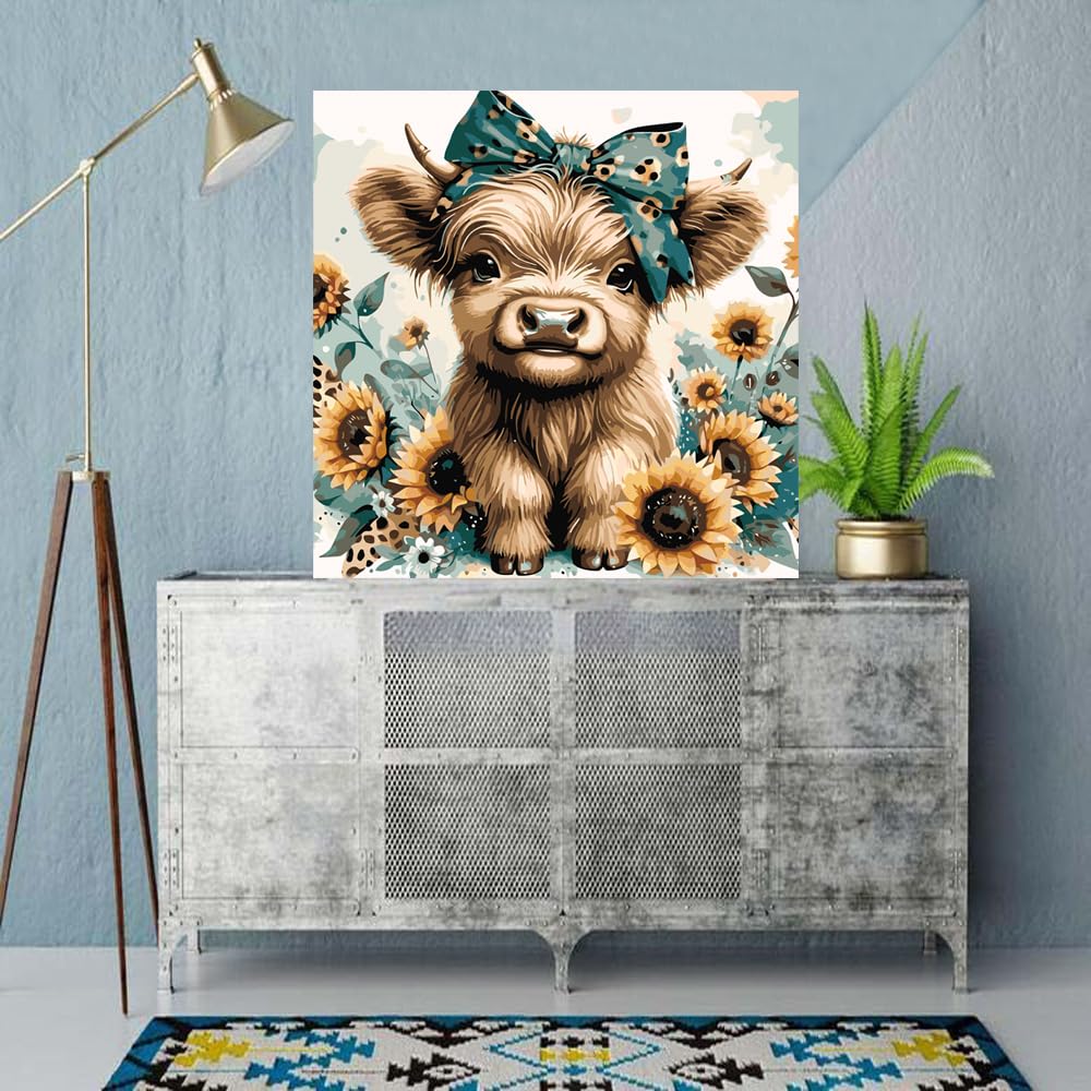 Highland Cow Animals Paint by Numbers Kit for Beginner Easy Paint by Numbers for Sunflower Flower On Canvas Painting Kit For Kids DIY Paint By Number Canvas For Adults for Wall Decor 16 x 16Inch ZQEATRY