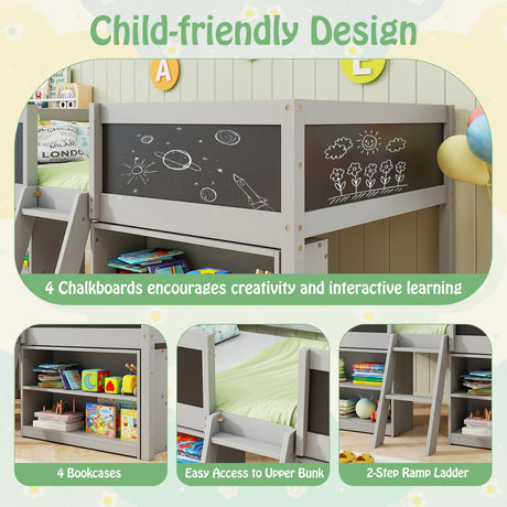 KOMFOTT Twin Size Low Loft Bed, Kids Loft Bed Frame with Movable Storage Shelves, Chalkboard & Ladder, Solid Wood Twin Bed with Under-Bed Play Area for Kids, Boys & Girls, No Box Spring Needed, Grey KOMFOTT