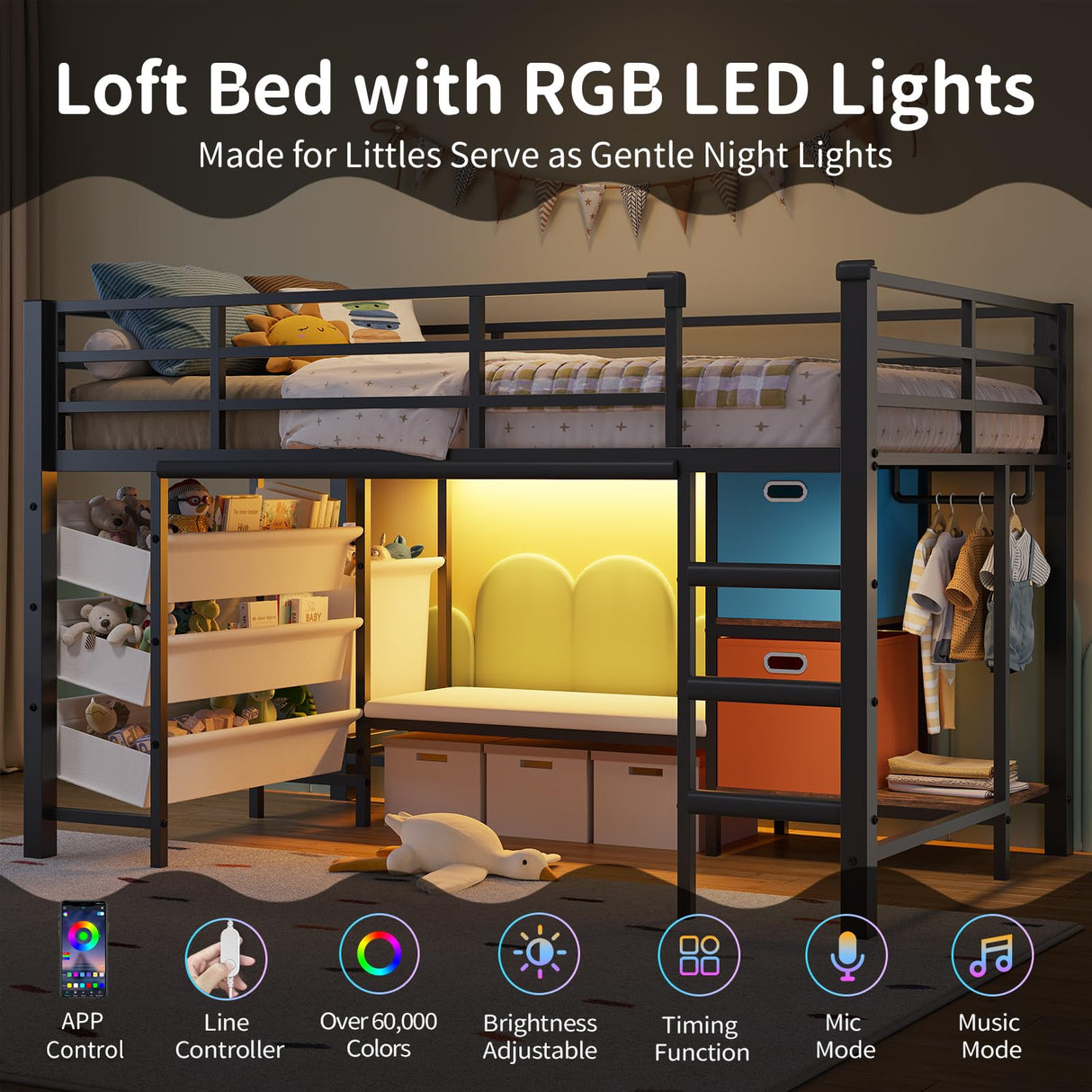 DICTAC Low Twin Loft Bed with Reading Corner,3 Sling Drawers and 2 Movable Storage Bins,Metal Twin Size Loft Bed for Kids with LED Lights and Storage Basket,13.98" H Safety Guardrail & Stairs, Black DICTAC