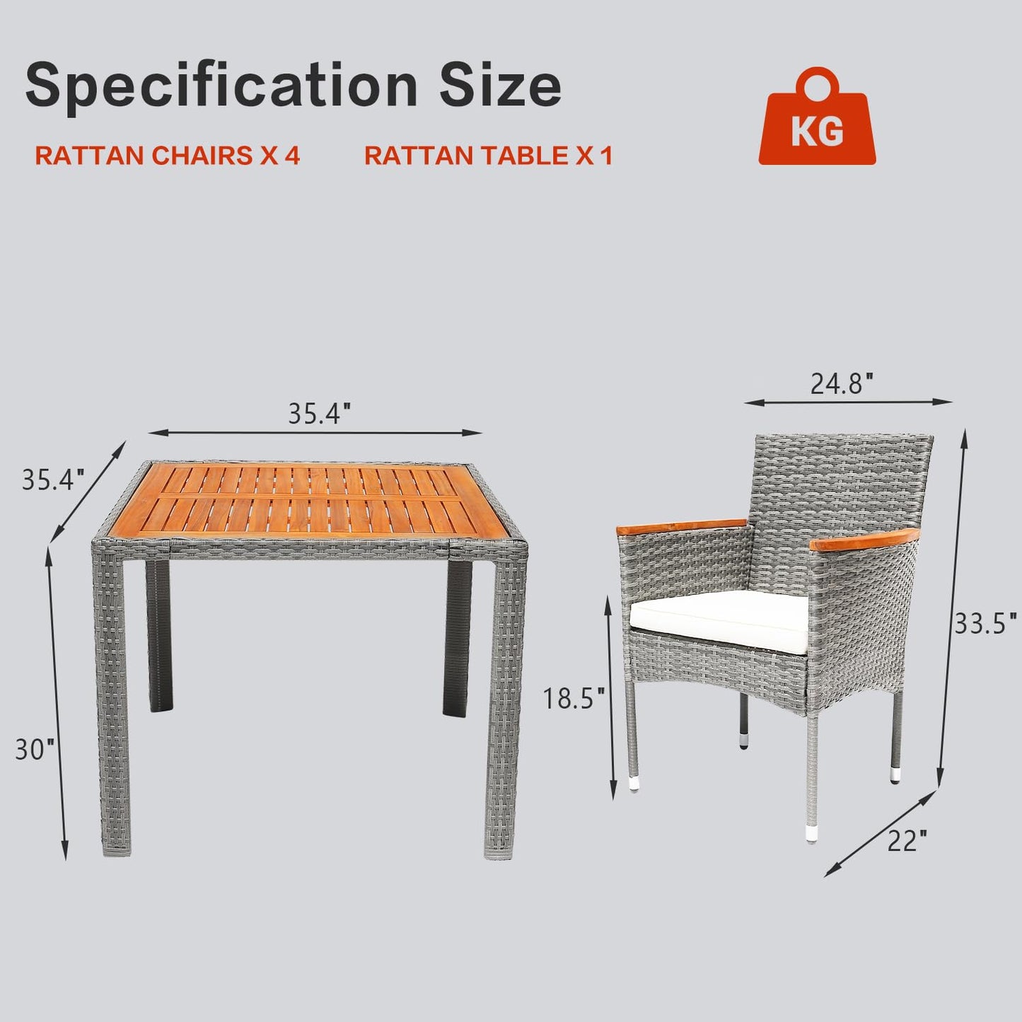 ARTBUSKE 5 Pieces Patio Dining Sets for 4 Outdoor Patio Furniture Sets with Acacia Wood Table Top Wicker Outdoor Furniture Set for Patio, Yard,Deck,Gazebo,Grey - WoodArtSupply