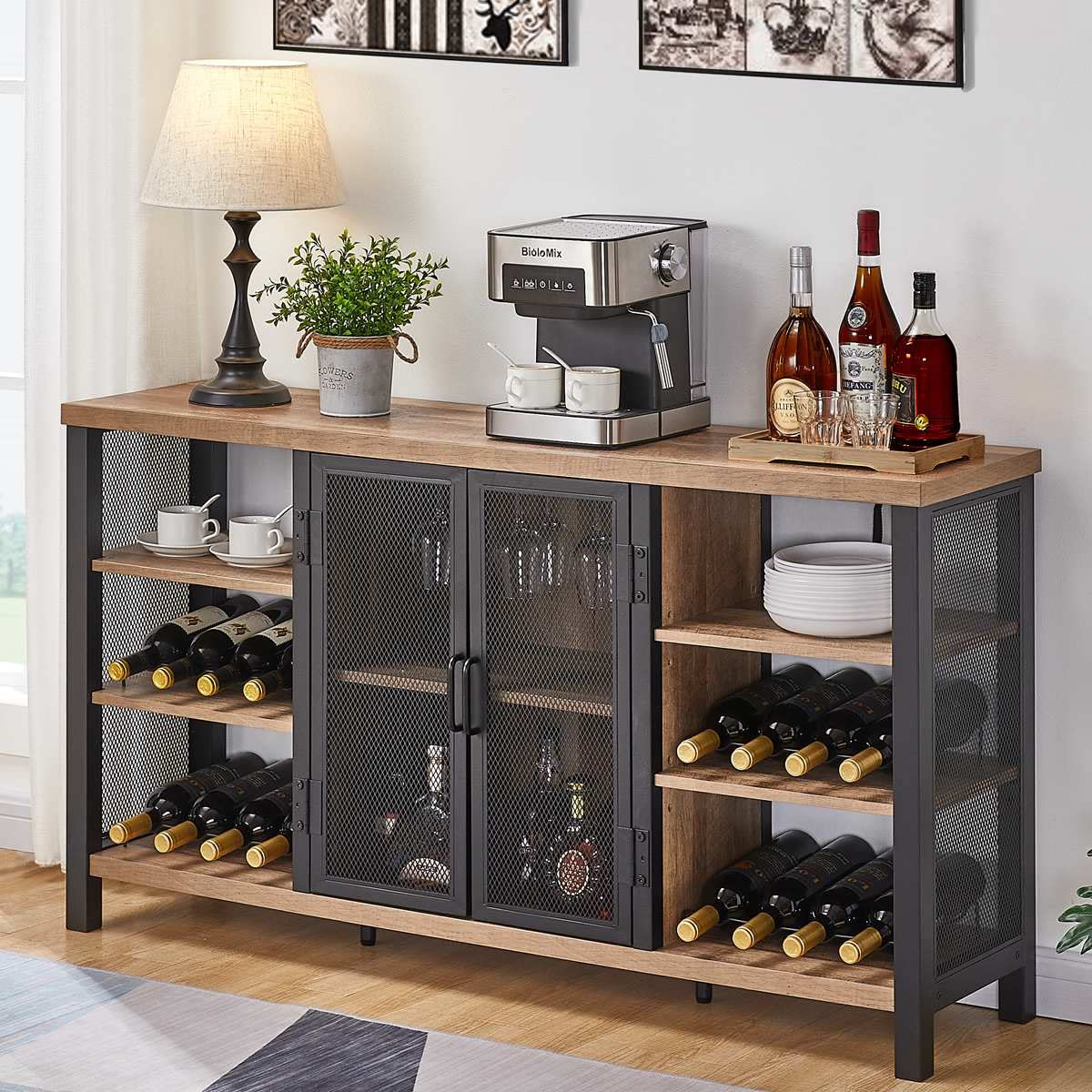 FATORRI Industrial Wine Bar Cabinet for Liquor and Glasses, Farmhouse Wood Coffee Cabinet with Wine Rack, Metal Sideboard and Buffet Cabinet (55 Inch, Rustic Oak) FATORRI