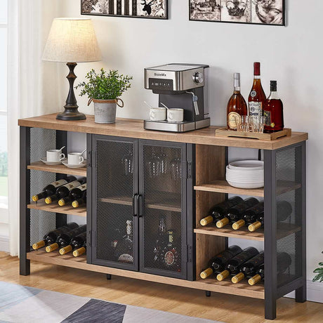 FATORRI Industrial Wine Bar Cabinet for Liquor and Glasses, Farmhouse Wood Coffee Cabinet with Wine Rack, Metal Sideboard and Buffet Cabinet (55 Inch, Rustic Oak) FATORRI