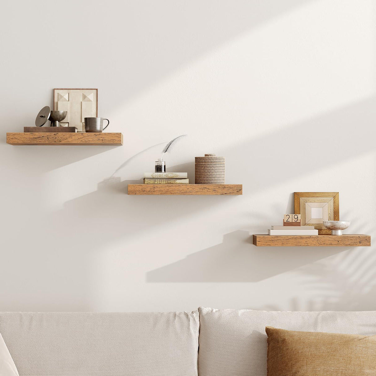 RALGEND Floating Shelves for Wall, 1.5" Thick Wall Shelf Set of 3 with Invisible Brackets, 15.7L x 7.9W Hanging Shelves Farmhouse Home Decor for Bathroom, Living Room, Bedroom, Kitchen, Rustic Brown RALGEND