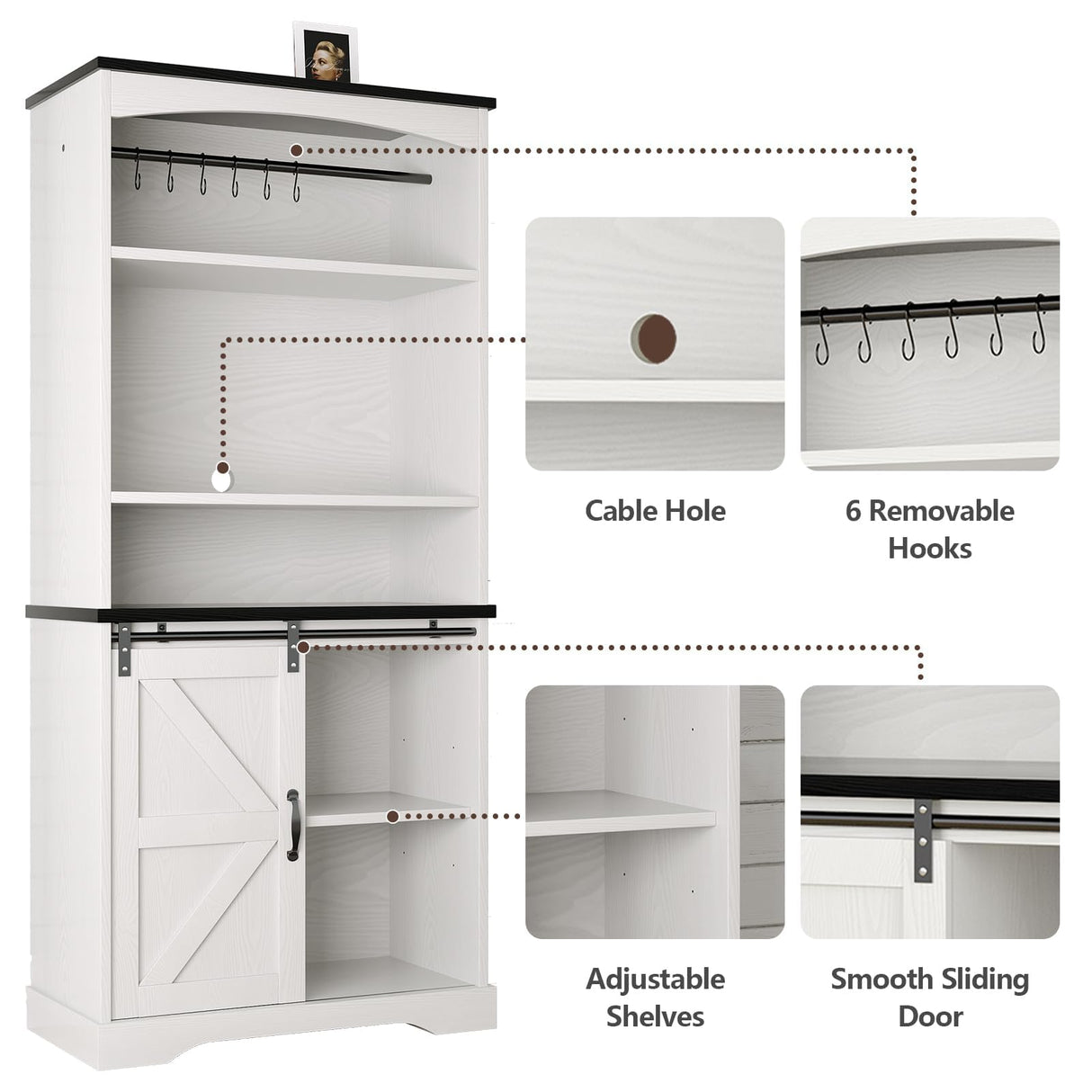 4ever2buy Farmhouse Tall Coffee Bar with Tall Hutch, White Coffee Bar Cabinet with 3 Tier Shelves, 70 Inch Buffet Cabinet with Sliding Barn Door and Adjustable Shelves for Living Dining Room 4ever2buy