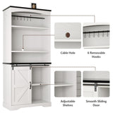4ever2buy Farmhouse Tall Coffee Bar with Tall Hutch, White Coffee Bar Cabinet with 3 Tier Shelves, 70 Inch Buffet Cabinet with Sliding Barn Door and Adjustable Shelves for Living Dining Room 4ever2buy