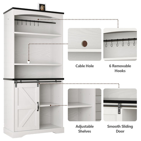4ever2buy Farmhouse Tall Coffee Bar with Tall Hutch, White Coffee Bar Cabinet with 3 Tier Shelves, 70 Inch Buffet Cabinet with Sliding Barn Door and Adjustable Shelves for Living Dining Room 4ever2buy