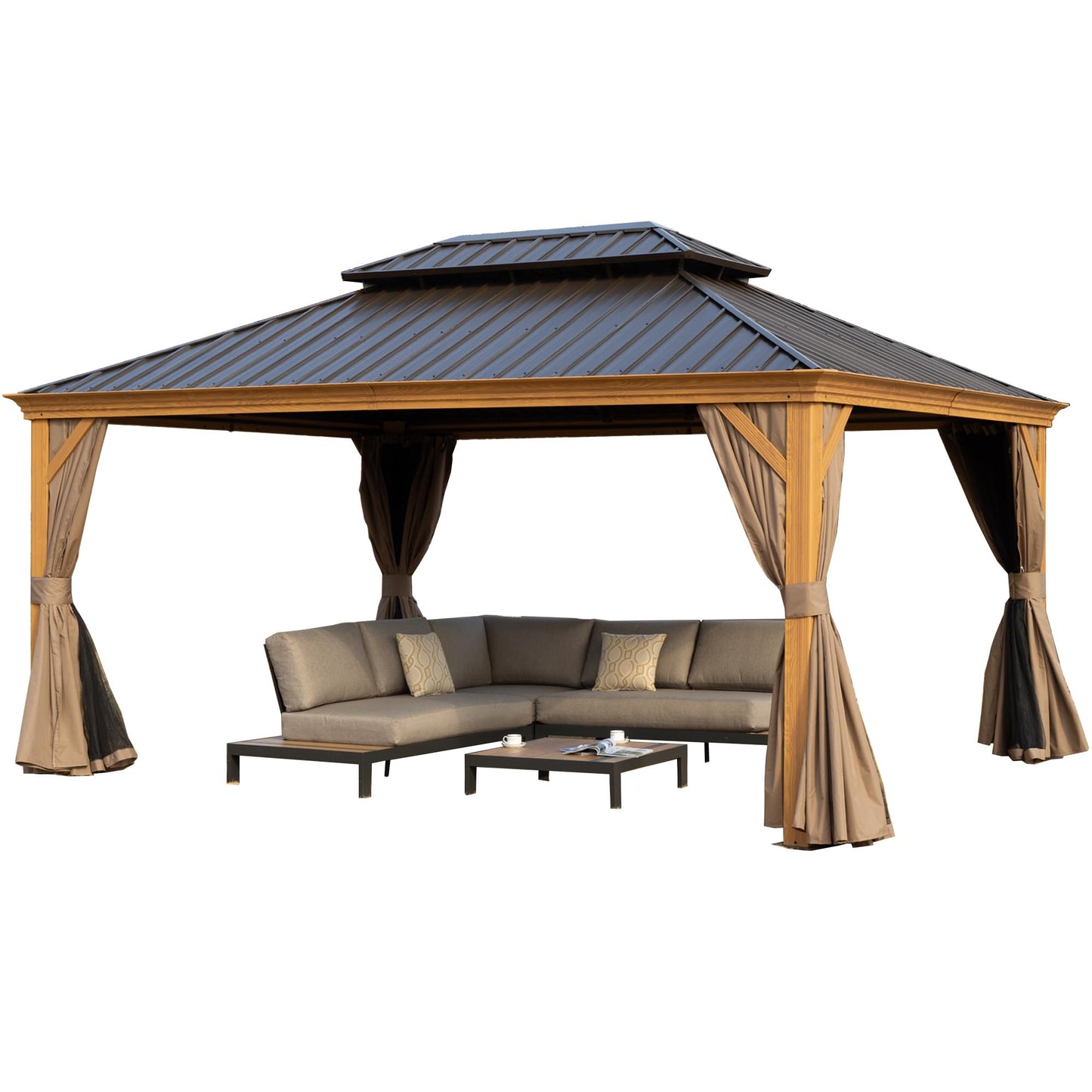 Kozyard Apollo 12’x16’ Hardtop Gazebo, Wooden Coated Aluminum Frame Canopy with Galvanized Steel Double Roof, Outdoor Permanent Metal Pavilion with Netting for Patio, Deck and Lawn (12ft x 16 - WoodArtSupply