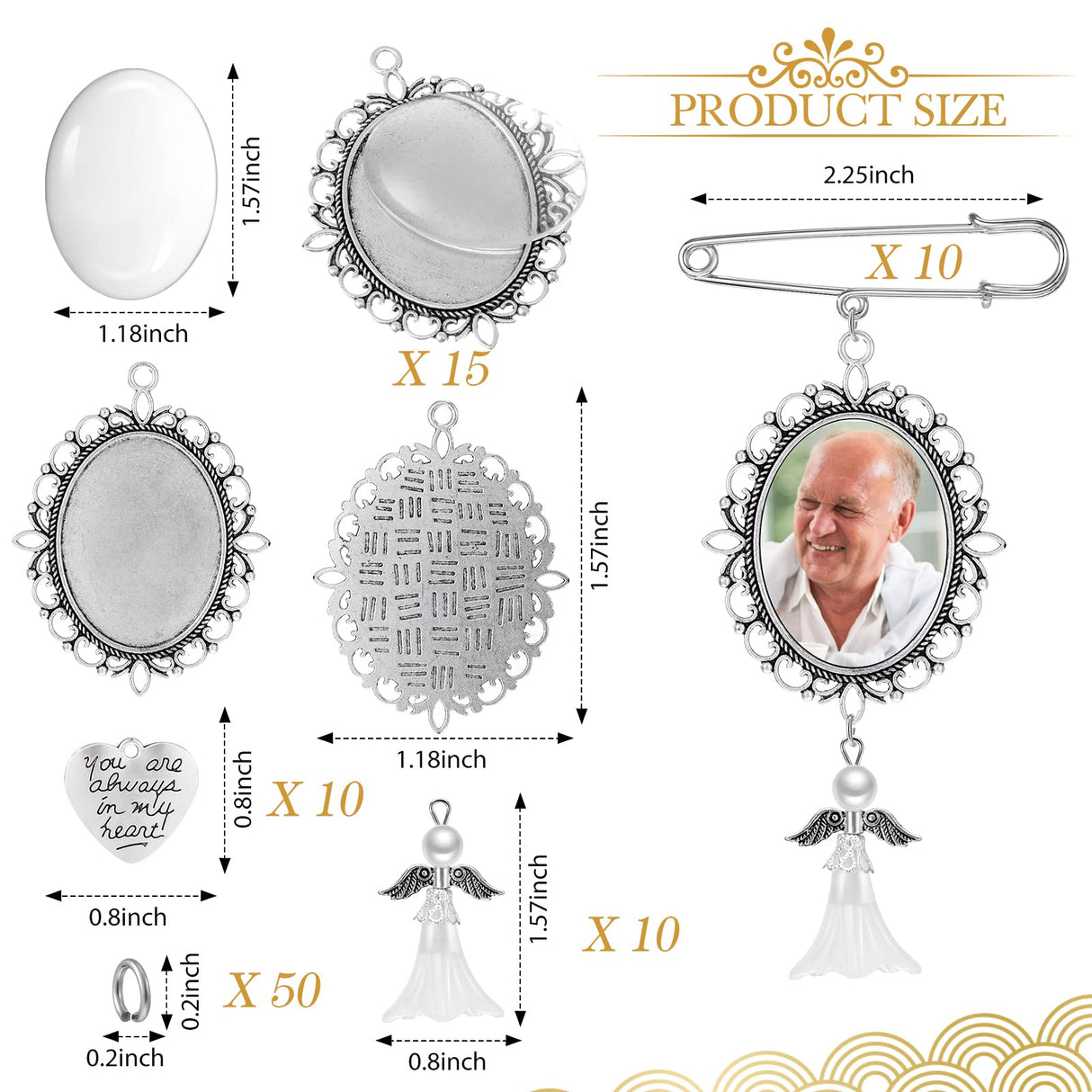 110 Pieces Wedding Bouquet Photo Charms Memory Charms Oval Frame Memorial Picture Charm DIY Pin Brooch with 1.18 x 1.57 Inch Oval Glass Cabochon Pendants Bulk for Wedding Party Bridal Shower Hicarer