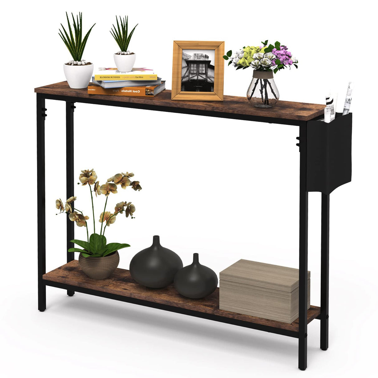 Bigbiglife 39.4" Console Entryway Table, 2-Tier Industrial Narrow Sofa Table with Storage Shelves for Hallway, Living Room, Bedroom, Foyer, Corridor, Office, Rustic Brown and Black Bigbiglife