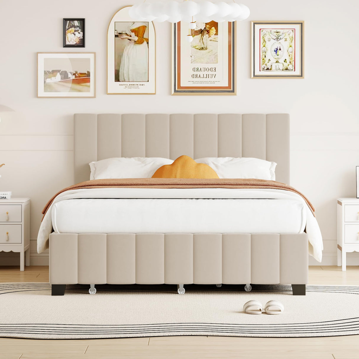 Bellemave Queen Size Upholstered Bed Frame with 2 Drawers & 1 Twin XL Trundle, Velvet Platform Storage Bedframe Mattress Foundation, Queen Trundle Bed Frame,Easy Assembly,Beige Bellemave