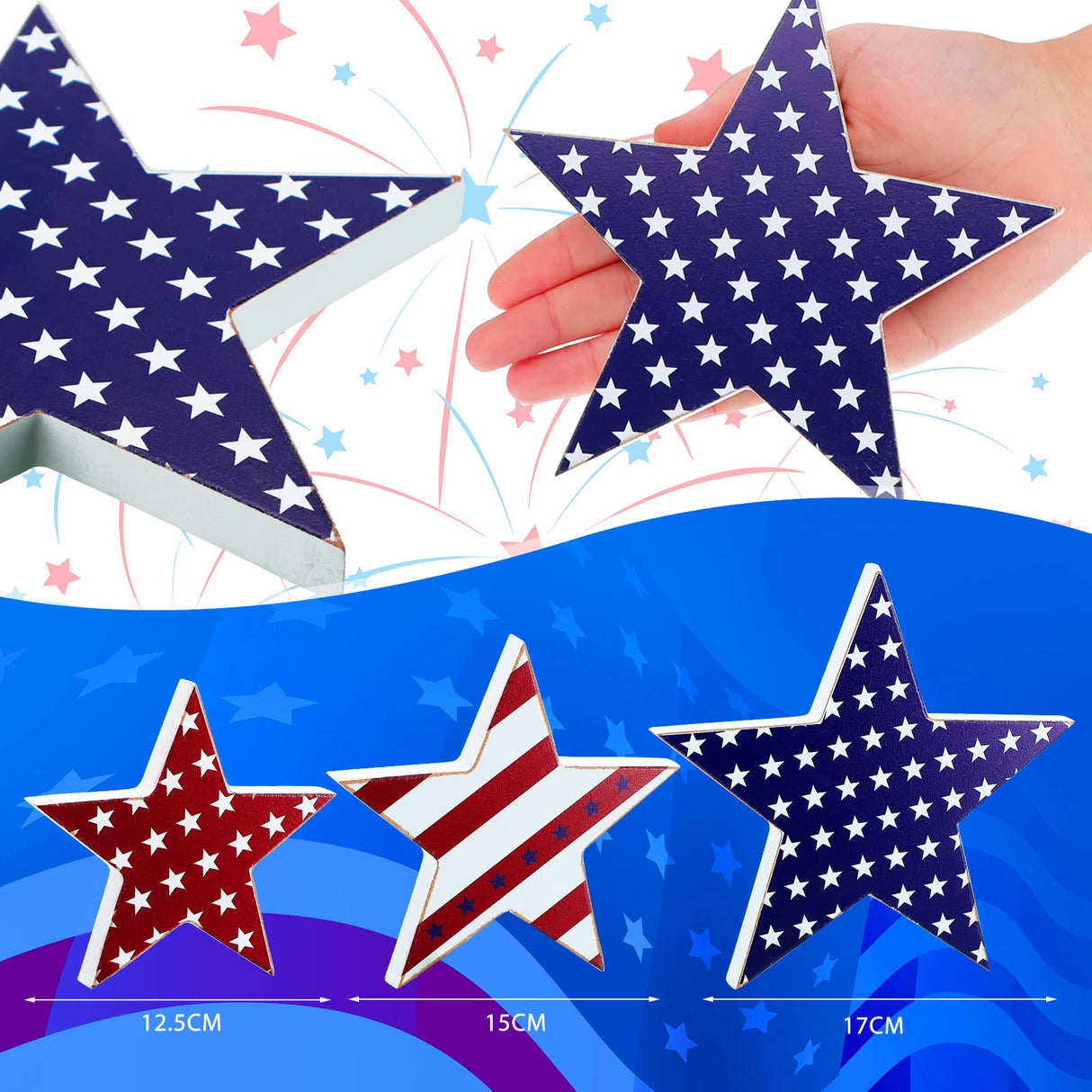 3 Pcs 4th of July table decorations Patriotic Wooden Star Centerpiece Sign Independence Day Tiered Tray Decor Memorial Day Tabletop Decorations for Home Festival Party Decor (Classic) Yulejo