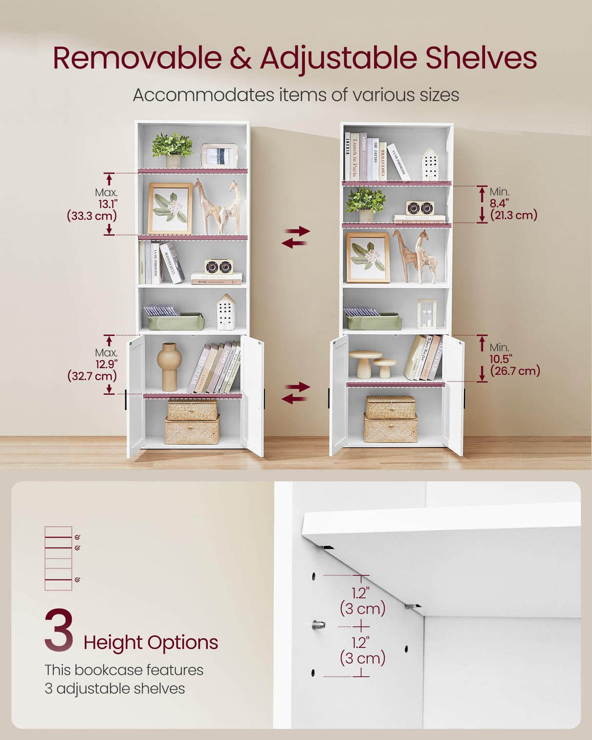VASAGLE Custos Collection - Bookshelf, 6-Tier Tall Bookcase, Book Shelf with Doors, Open Storage Shelf, 9.4 x 23.6 x 68.9 Inches, for Living Room, Home Office, Dining Room, Cloud White ULBC402W01 VASAGLE